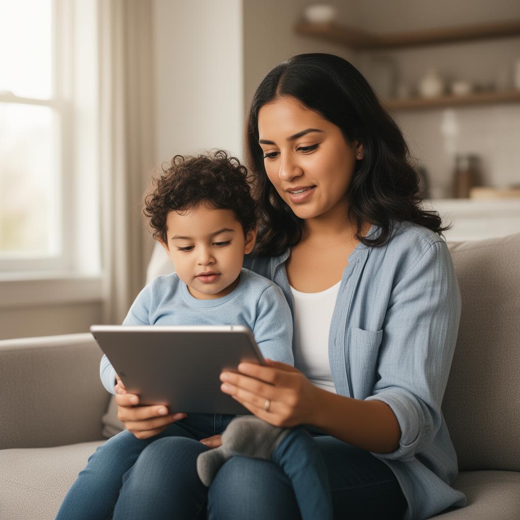 Madre e hijo consultando con un profesional de salud por tablet.