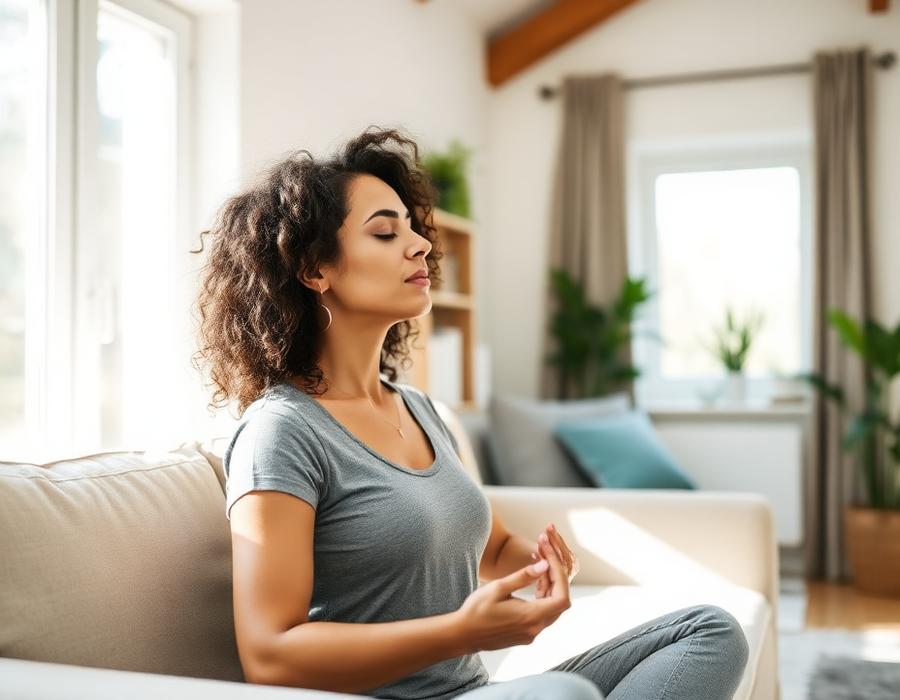 Mujer meditando en sofá