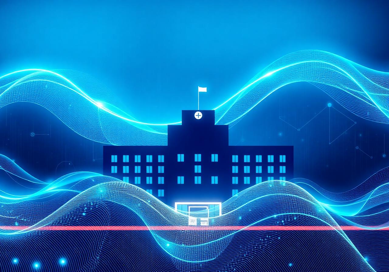 Salud digital — ondas de datos sobre hospital